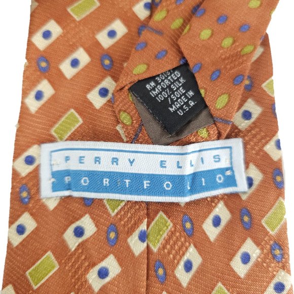 Perry Ellis Men Necktie 100% Silk Geometric Tan Multi 58x4 - NWOT - made in USA - Picture 3 of 5